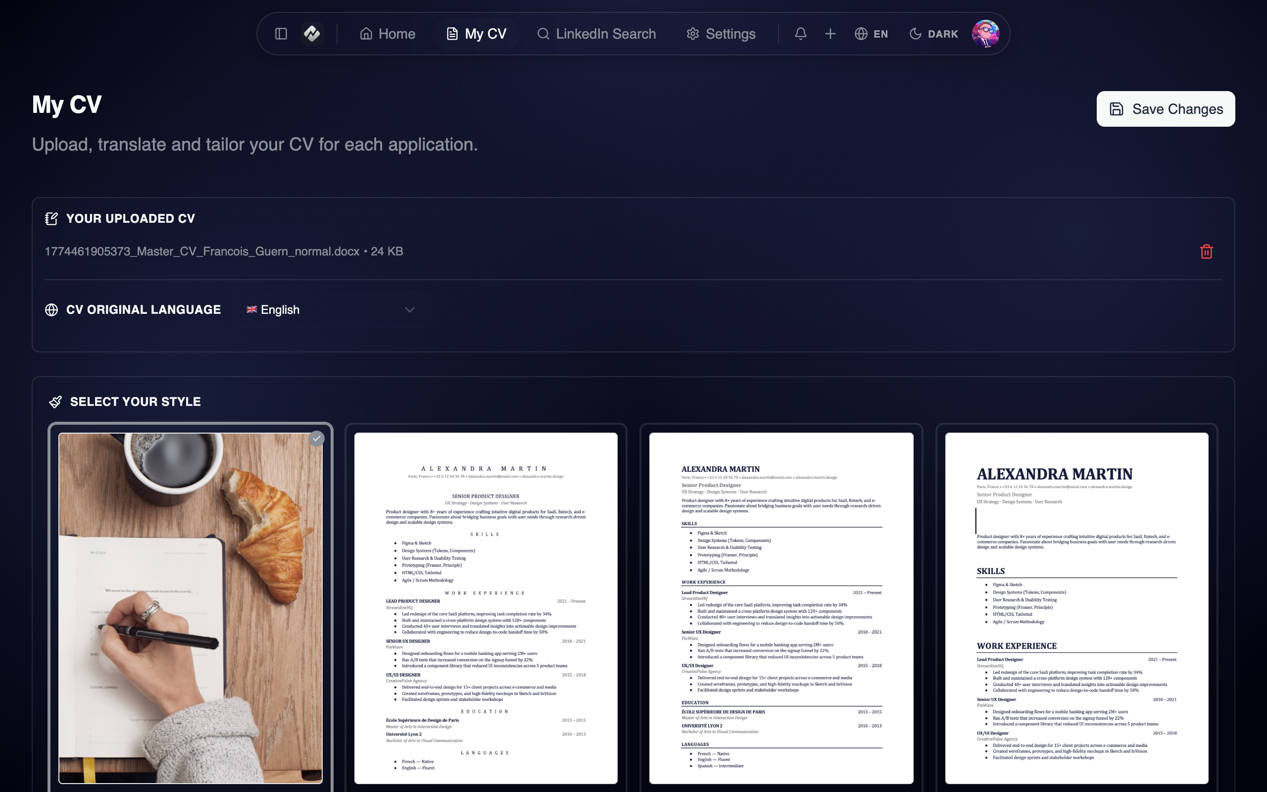 Yeepl CV editor — template selection and CV management