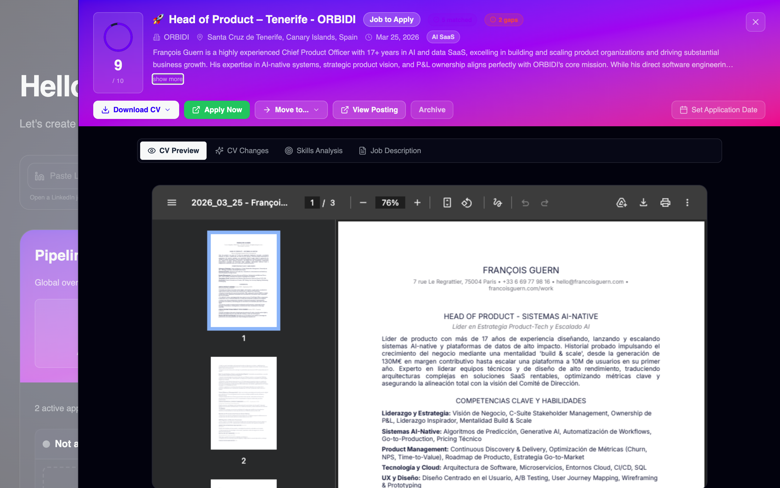 Yeepl job drawer — job analysis with tailored CV preview