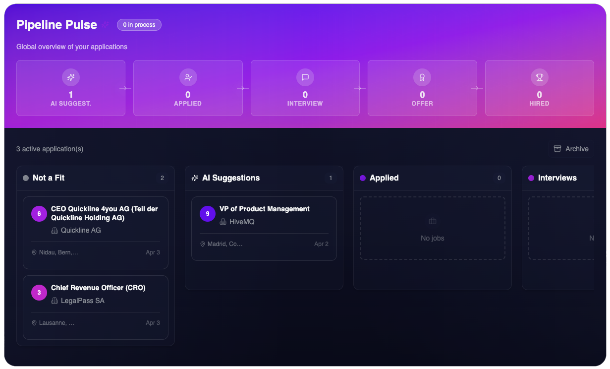 Yeepl pipeline — application tracking with status columns
